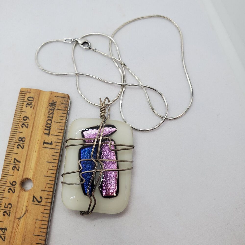Dichroic Glass Wrapped in Sterling Silver on a Sterling Silver Necklace 18" 925